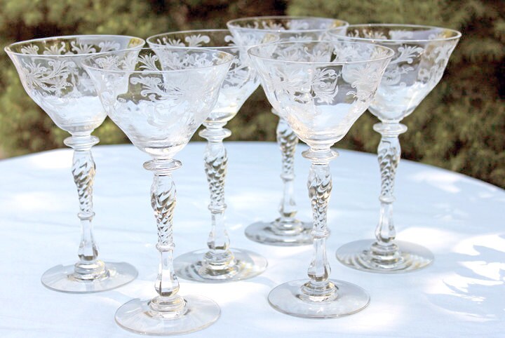 Tiffin Franciscan Sweet Wine Glasses. Set of Four Byzantine Etched Stemware. Floral Motif. - Tampa Home & Garden Store