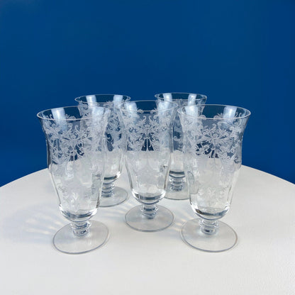 Tiffin Franciscan Water or Juice Glasses. Set of Five Byzantine Etched Stemware. Floral Motif. Fine Dining. Collectible Stemware. - Tampa Home & Garden Store