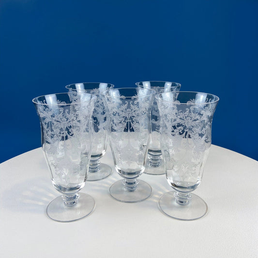 Tiffin Franciscan Water or Juice Glasses. Set of Five Byzantine Etched Stemware. Floral Motif. Fine Dining. Collectible Stemware. - Tampa Home & Garden Store