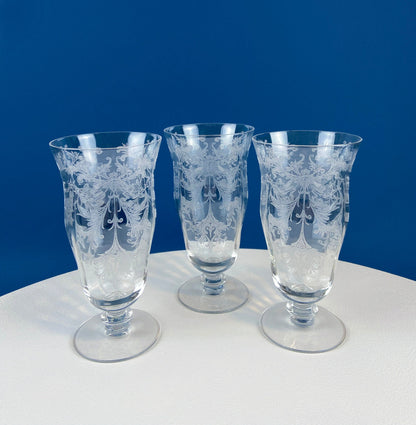 Tiffin Franciscan Water or Juice Glasses. Set of Five Byzantine Etched Stemware. Floral Motif. Fine Dining. Collectible Stemware. - Tampa Home & Garden Store