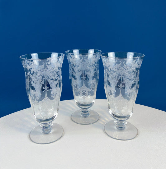 Tiffin Franciscan Water or Juice Glasses. Set of Five Byzantine Etched Stemware. Floral Motif. Fine Dining. Collectible Stemware. - Tampa Home & Garden Store