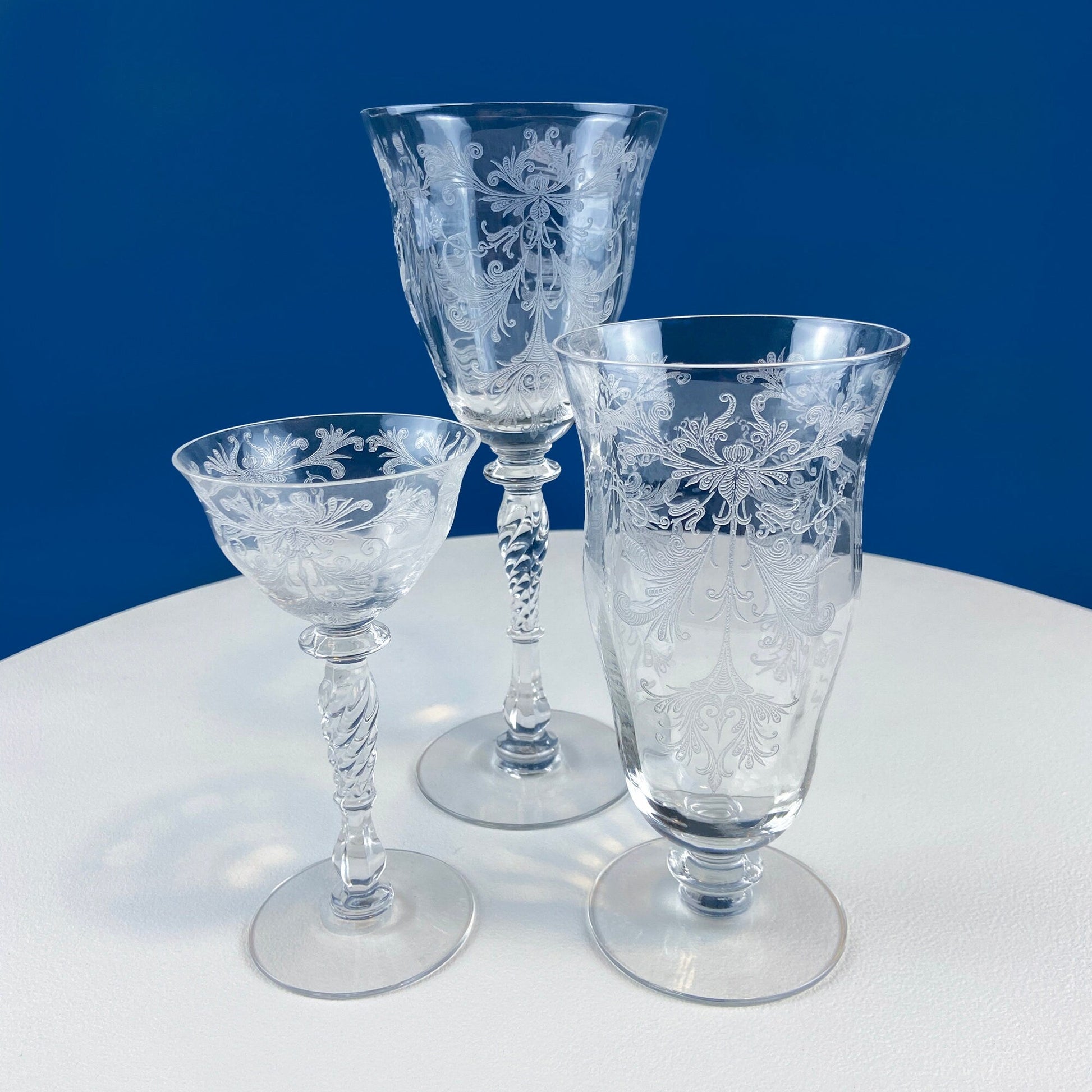 Tiffin Franciscan Water or Juice Glasses. Set of Five Byzantine Etched Stemware. Floral Motif. Fine Dining. Collectible Stemware. - Tampa Home & Garden Store