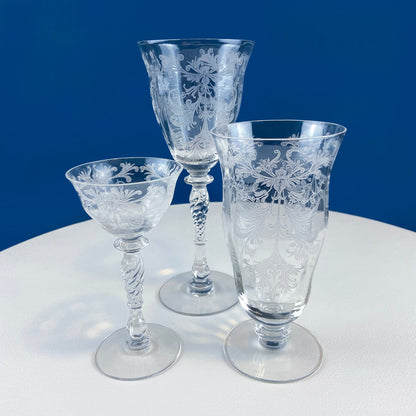 Tiffin Franciscan Water or Juice Glasses. Set of Five Byzantine Etched Stemware. Floral Motif. Fine Dining. Collectible Stemware. - Tampa Home & Garden Store