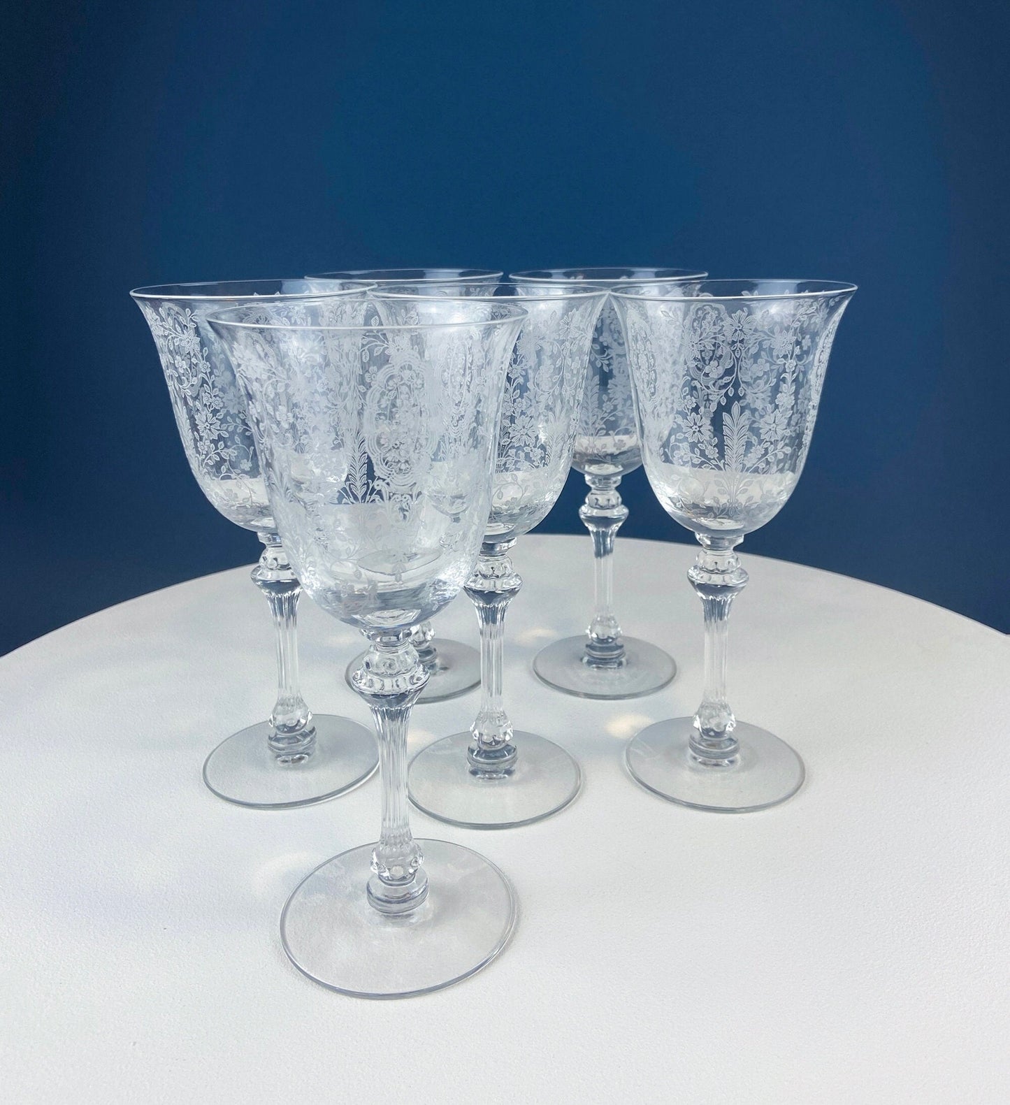 Tiffin-Franciscan Wine Goblets. Etched June Night Pattern. Collectible Stemware. Set of 6. Modern Farmhouse. French Country. House Beautiful - Tampa Home & Garden Store
