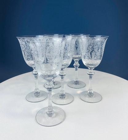 Tiffin-Franciscan Wine Goblets. Etched June Night Pattern. Collectible Stemware. Set of 6. Modern Farmhouse. French Country. House Beautiful - Tampa Home & Garden Store
