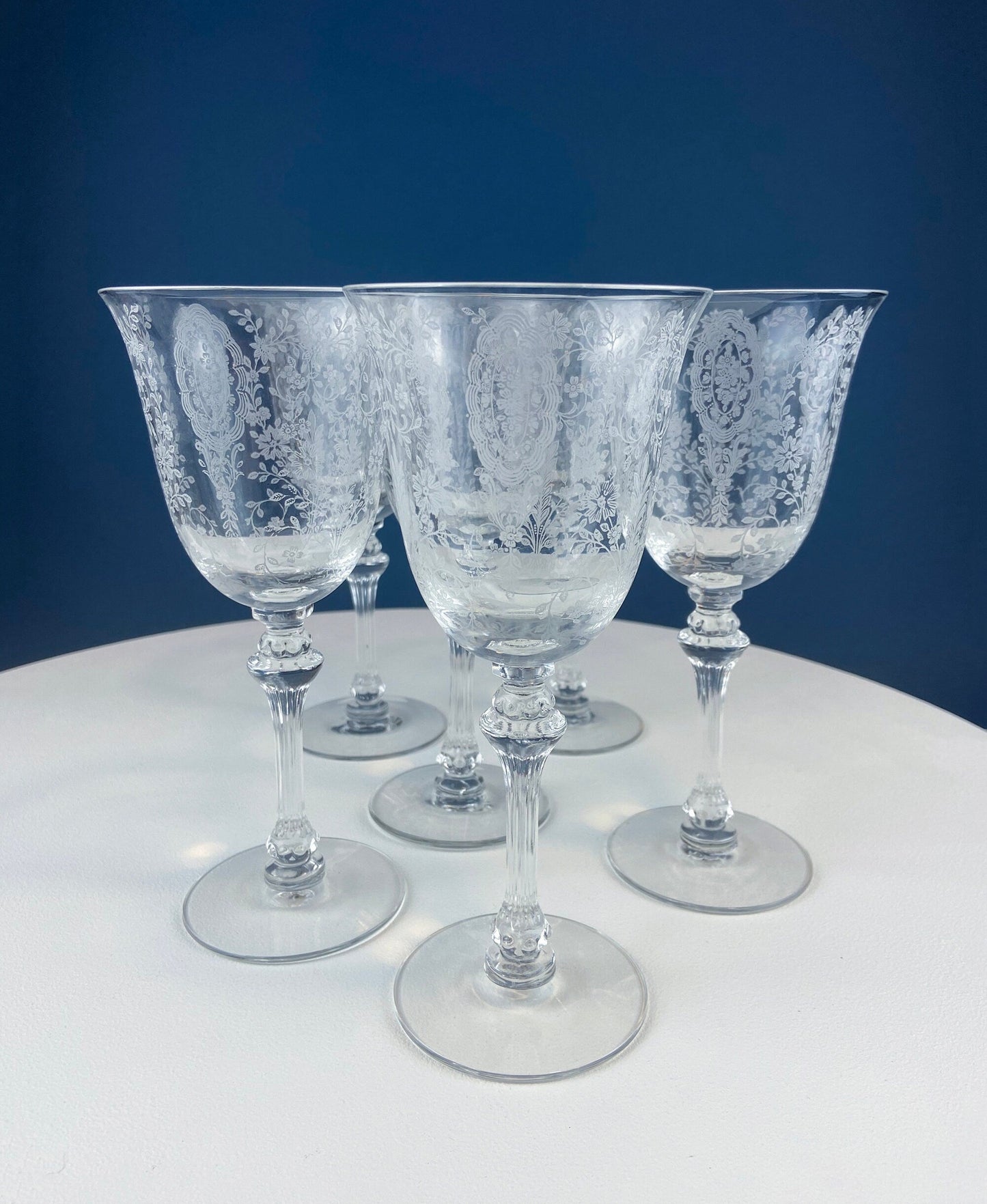 Tiffin-Franciscan Wine Goblets. Etched June Night Pattern. Collectible Stemware. Set of 6. Modern Farmhouse. French Country. House Beautiful - Tampa Home & Garden Store