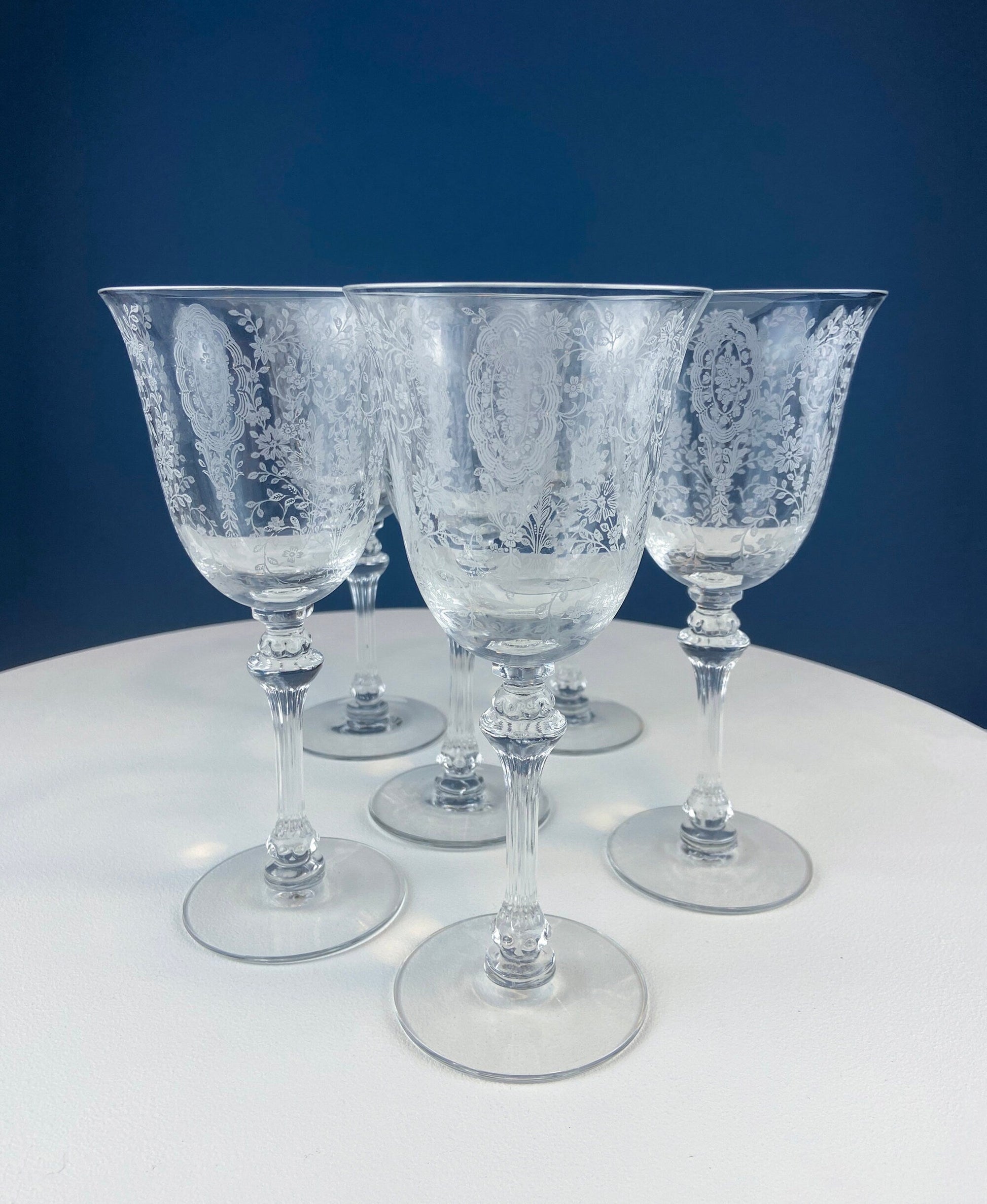 Tiffin-Franciscan Wine Goblets. Etched June Night Pattern. Collectible Stemware. Set of 6. Modern Farmhouse. French Country. House Beautiful - Tampa Home & Garden Store