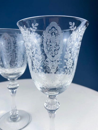 Tiffin-Franciscan Wine Goblets. Etched June Night Pattern. Collectible Stemware. Set of 6. Modern Farmhouse. French Country. House Beautiful - Tampa Home & Garden Store