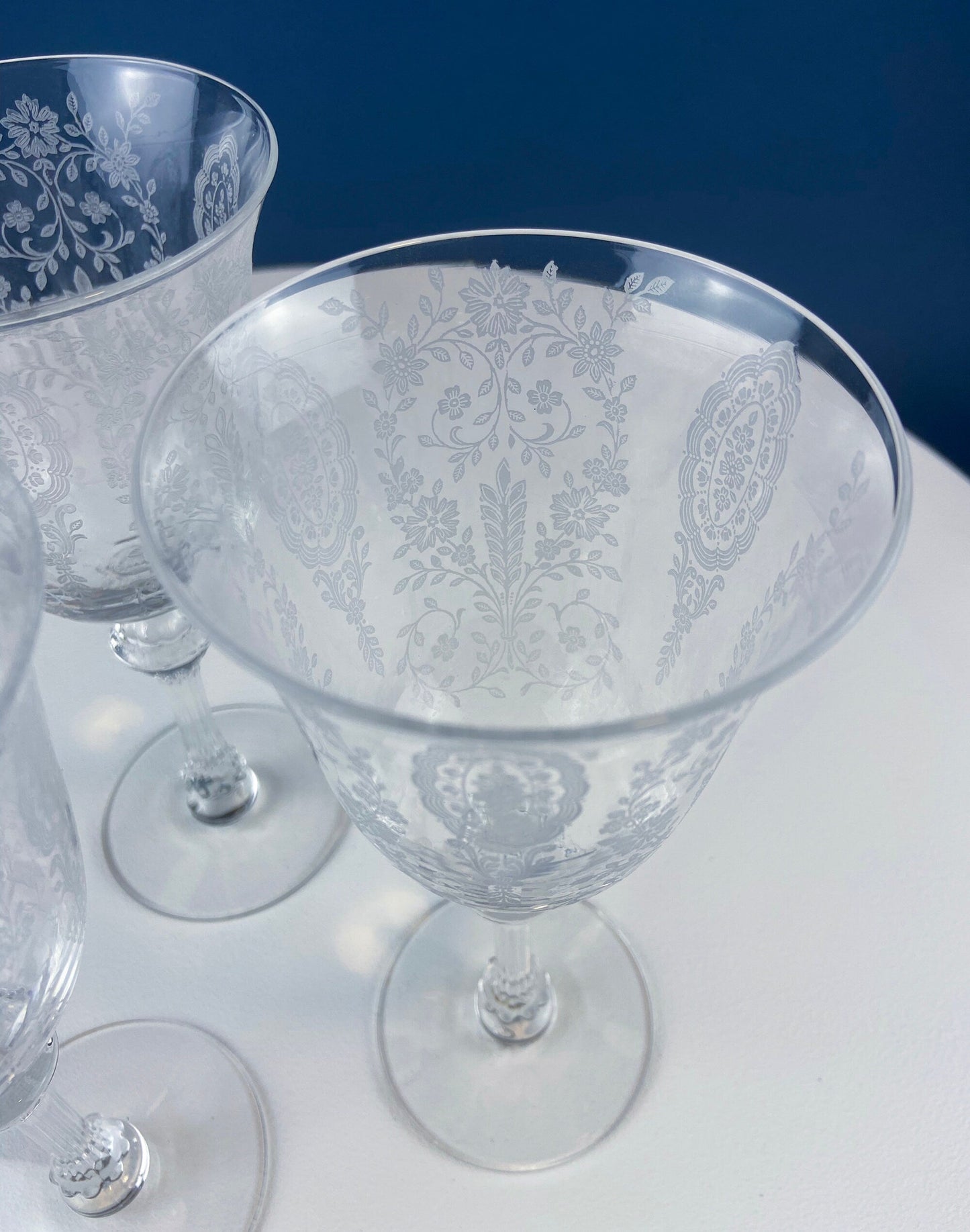 Tiffin-Franciscan Wine Goblets. Etched June Night Pattern. Collectible Stemware. Set of 6. Modern Farmhouse. French Country. House Beautiful - Tampa Home & Garden Store