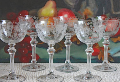 Tiffin-Franciscan Wine Goblets. Etched June Night Pattern. Collectible Stemware. Set of 6. Modern Farmhouse. French Country. House Beautiful - Tampa Home & Garden Store