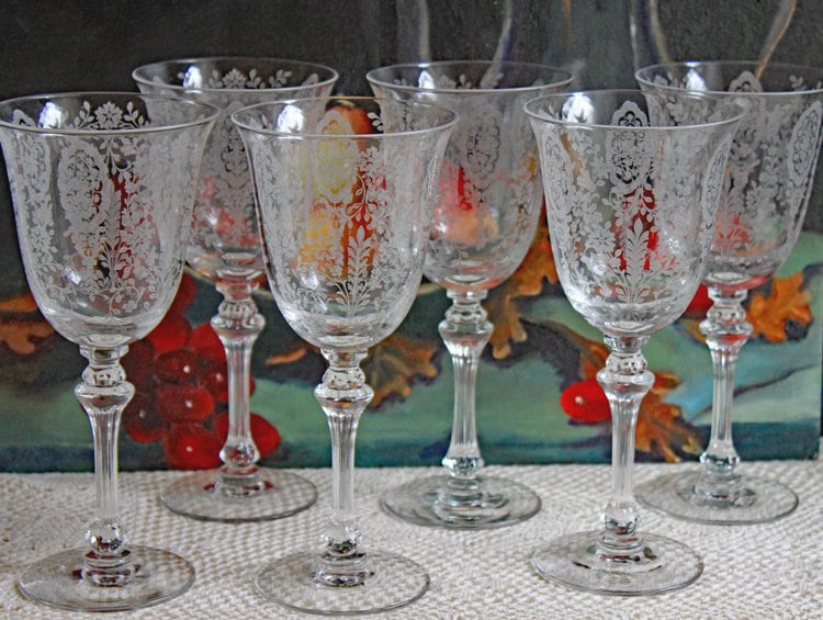 Tiffin-Franciscan Wine Goblets. Etched June Night Pattern. Collectible Stemware. Set of 6. Modern Farmhouse. French Country. House Beautiful - Tampa Home & Garden Store