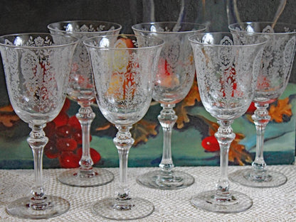 Tiffin-Franciscan Wine Goblets. Etched June Night Pattern. Collectible Stemware. Set of 6. Modern Farmhouse. French Country. House Beautiful - Tampa Home & Garden Store