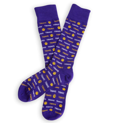 Purple Tigahs dress socks by DeadSoxy, pair with yellow paw prints and TIGAHS lettering on Tampa Home & Garden Store
