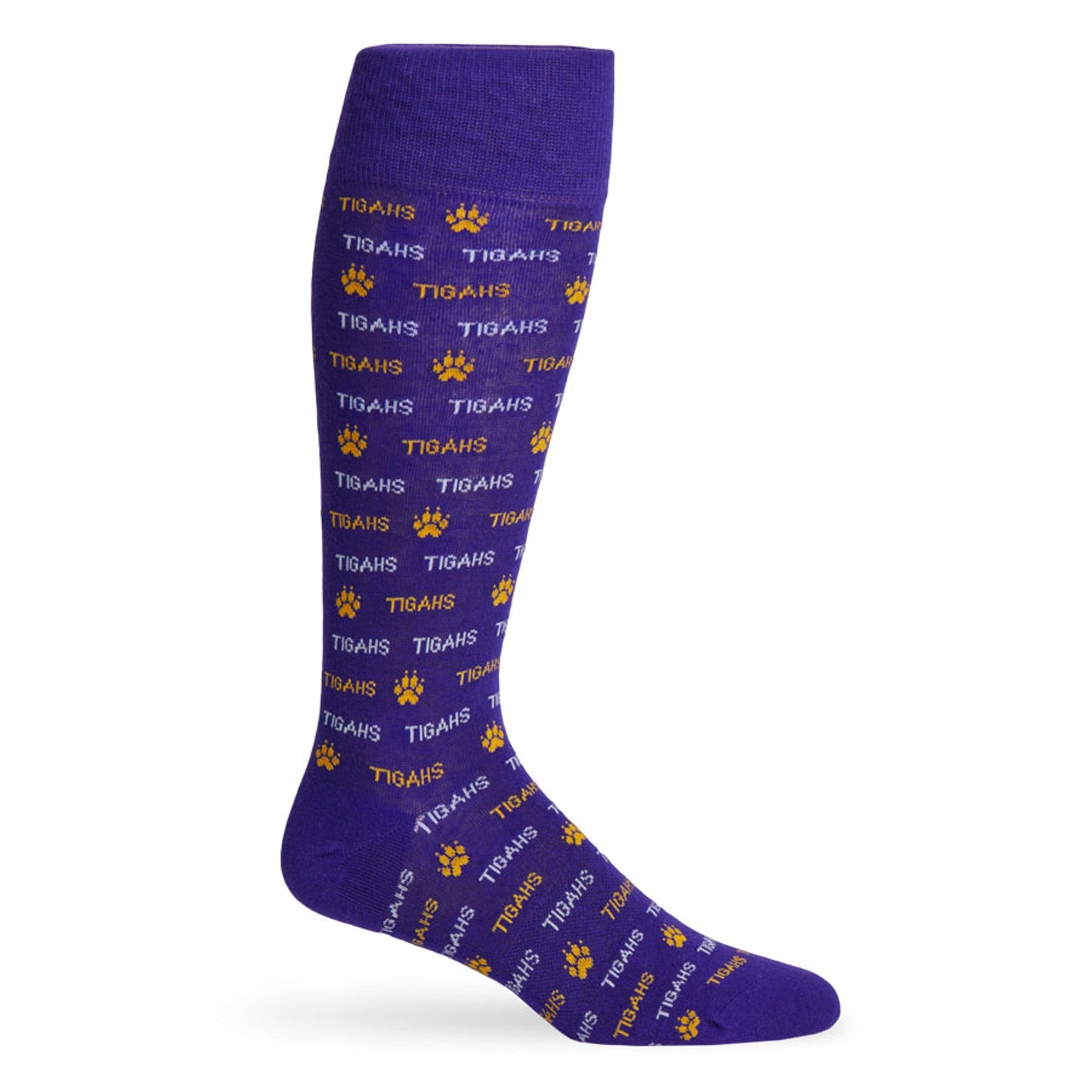 Purple Tigahs dress sock by DeadSoxy featuring repeating TIGAHS text and yellow paw prints on Tampa Home & Garden Store