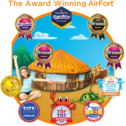 AirFort Tiki Hut Inflatable Play Fort for Kids by AirFort with tropical roof and award badges on Tampa Home & Garden Store