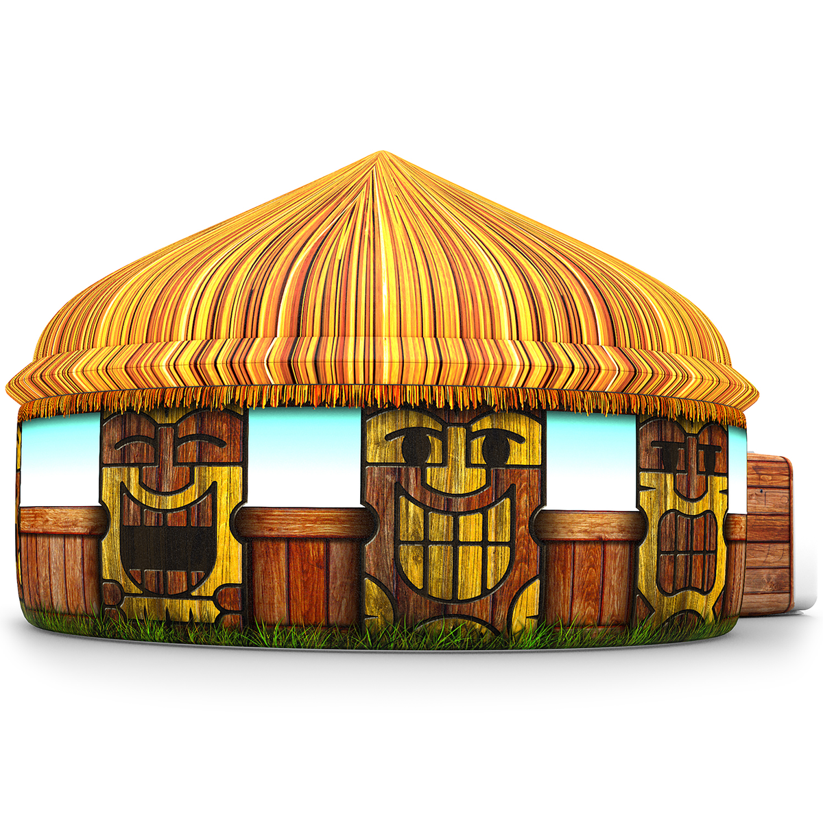 AirFort Tiki Hut inflatable play fort orange striped thatched roof with wood-panel walls on Tampa Home & Garden Store