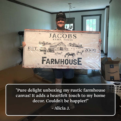 Rustic Farmhouse Sign II canvas with farm scene and EST 2009 FARMHOUSE, held by a person on Tampa Home & Garden Store