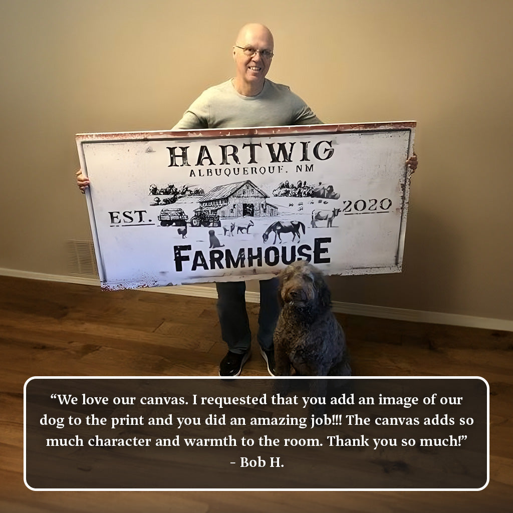Canvas Rustic Farmhouse Personalized Sign II with white distressed print, held by man on Tampa Home & Garden Store