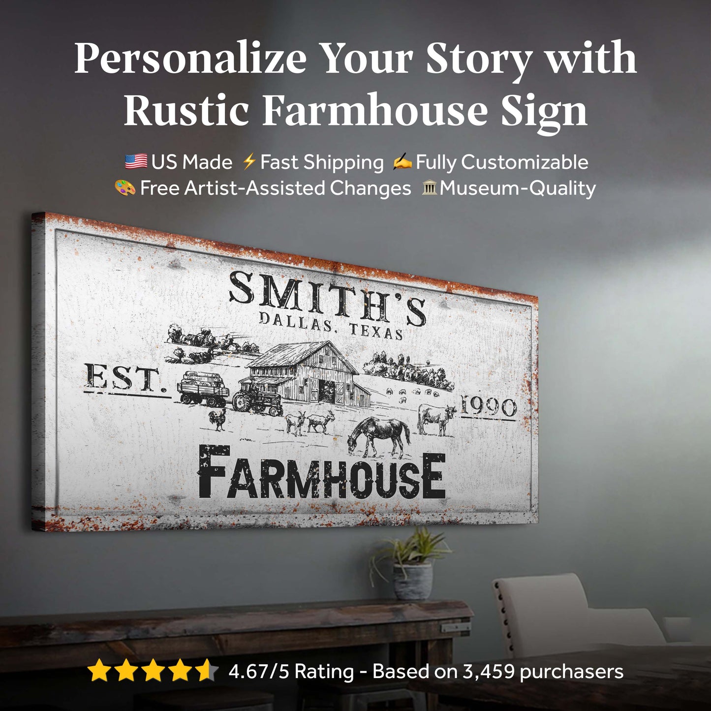 Rustic Farmhouse Personalized Sign II canvas art with farm scene by Tailored Canvases on Tampa Home & Garden Store