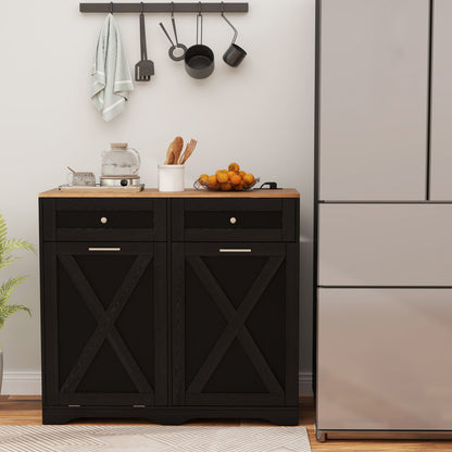 Cubo de Basura Inclinable con Enchufes y Estante Ajustable - Negro