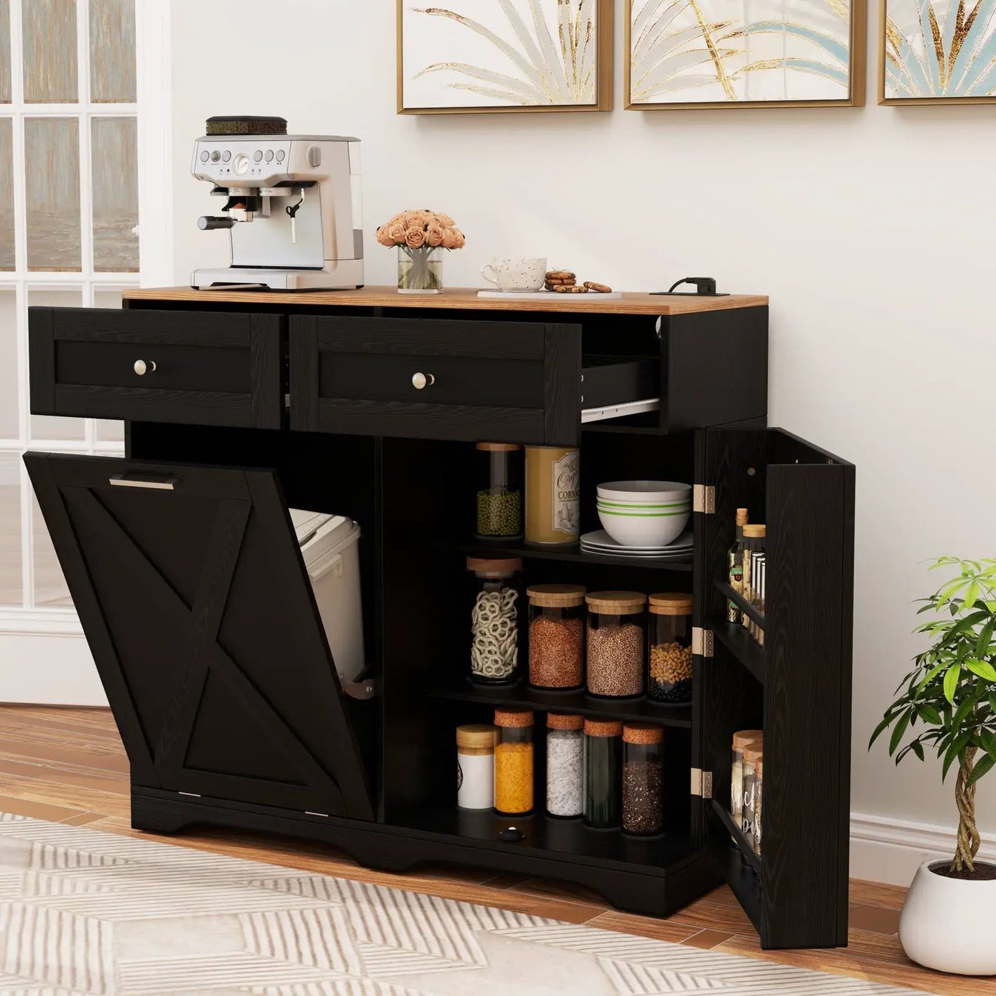 Large Buffet Cabinet Hidden Tilt Out Trash Can