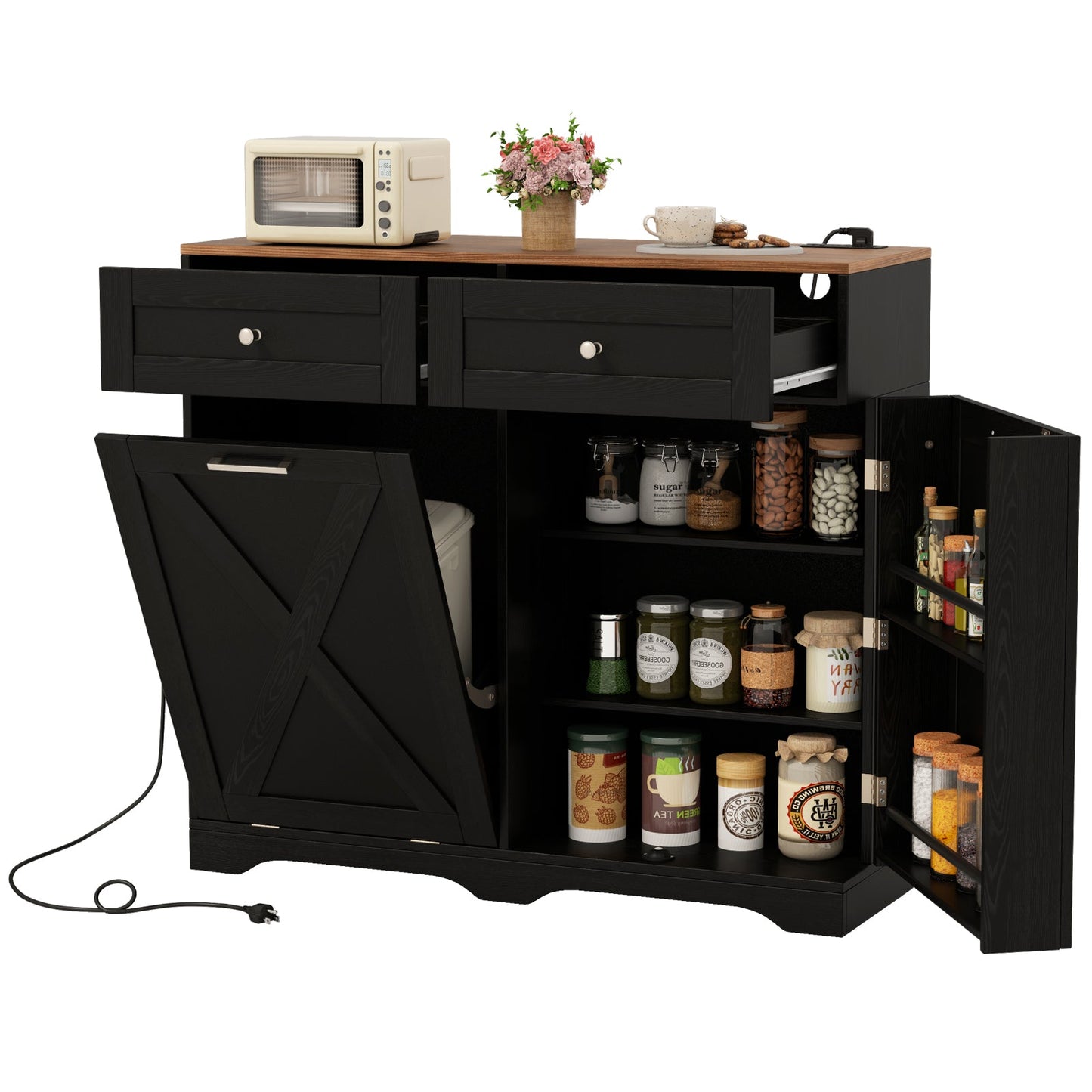 Cubo de Basura Inclinable con Enchufes y Estante Ajustable - Negro