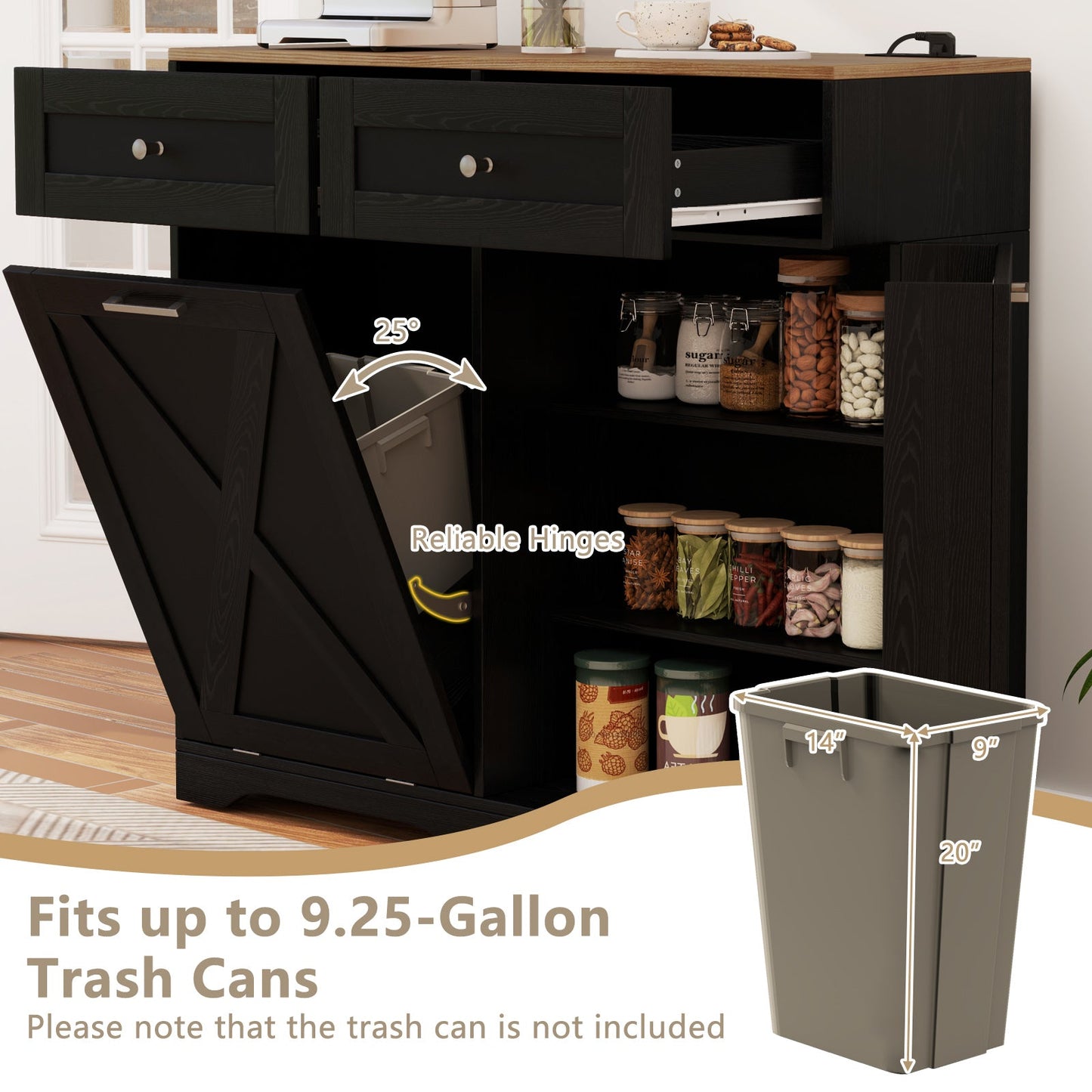 Cubo de Basura Inclinable con Enchufes y Estante Ajustable - Negro