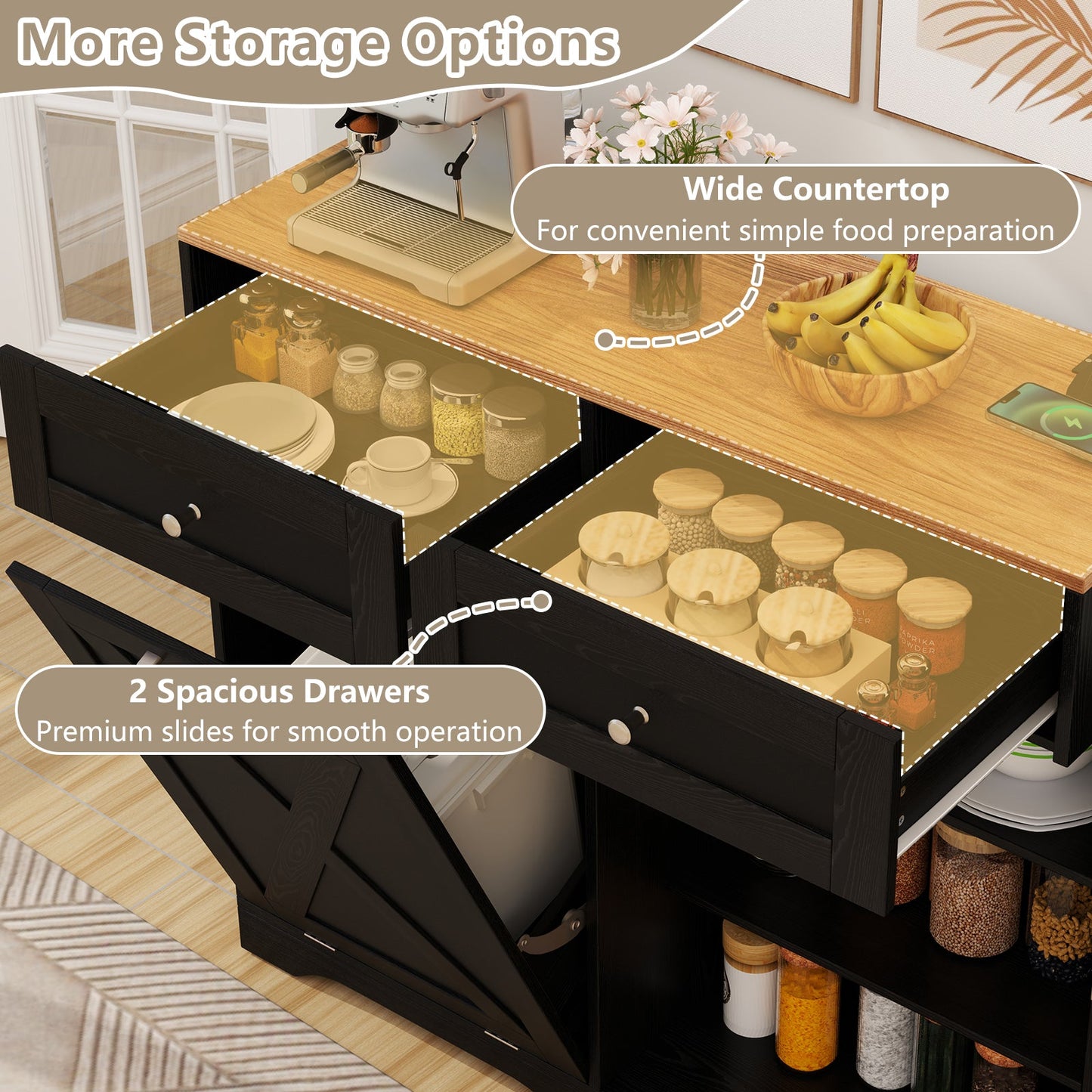 Cubo de Basura Inclinable con Enchufes y Estante Ajustable - Negro