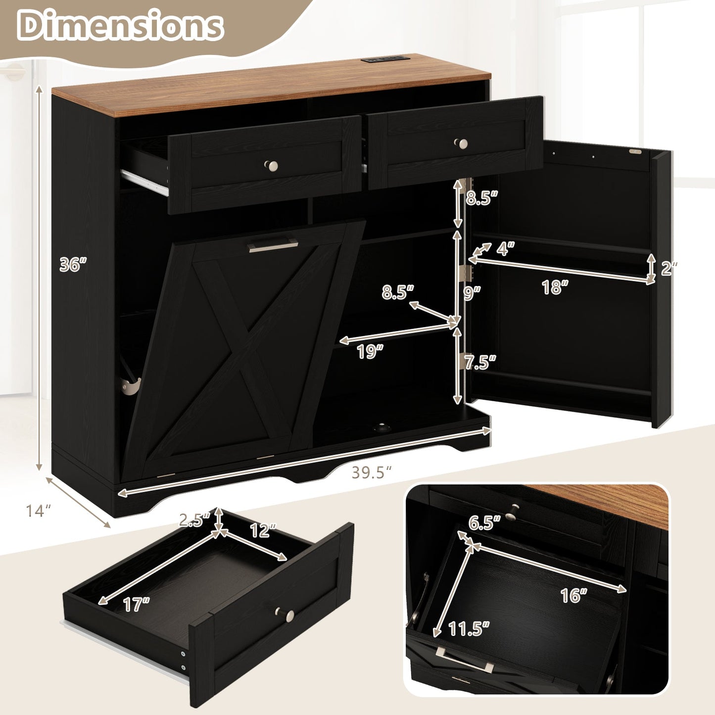 Cubo de Basura Inclinable con Enchufes y Estante Ajustable - Negro