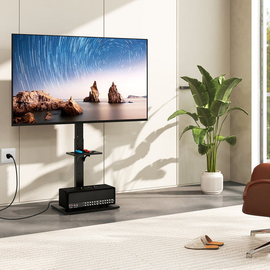 Tilt and Height Adjustable Floor TV Stand with Power Outlet and Adjustable AV Shelf - Tampa Home & Garden Store