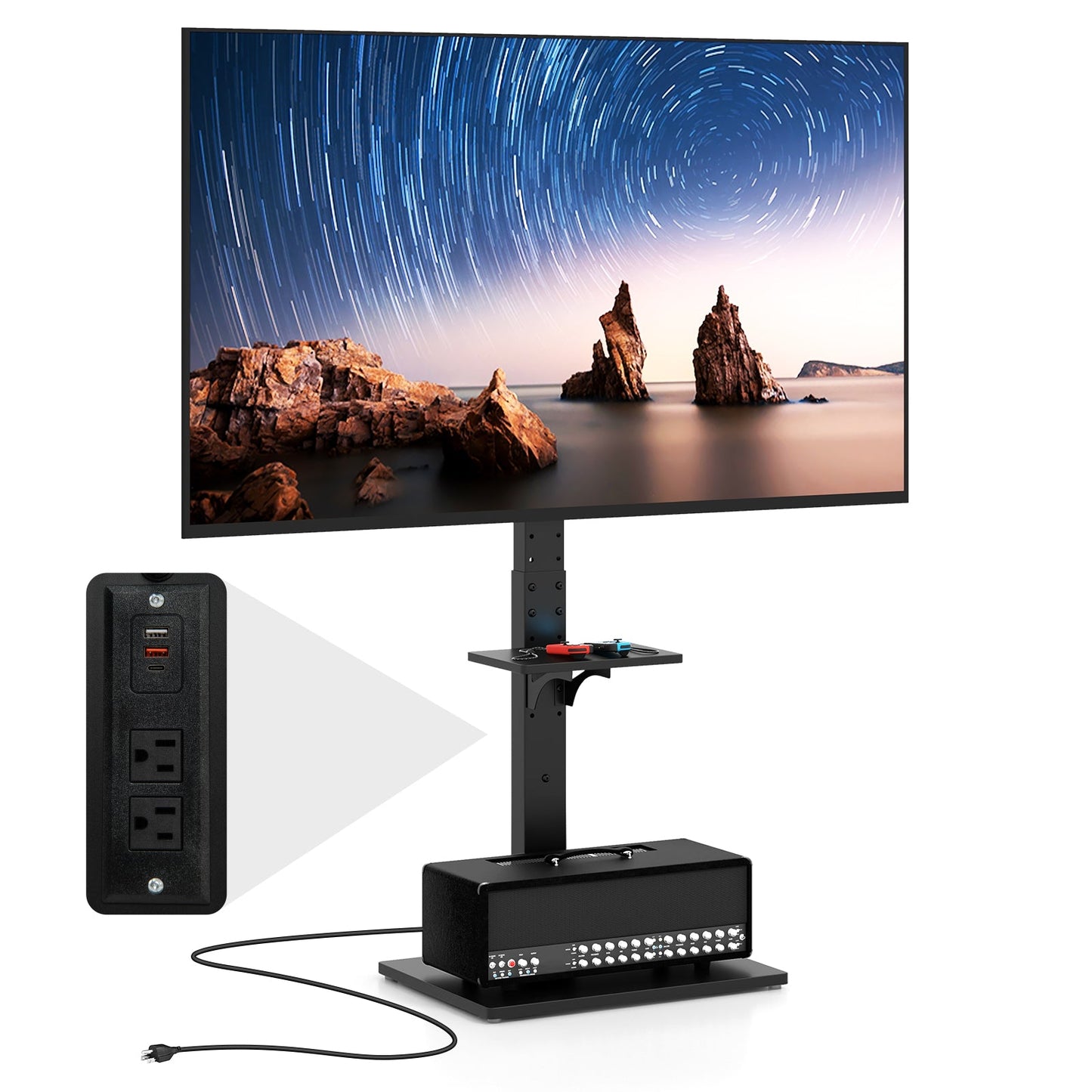 Tilt and Height Adjustable Floor TV Stand with Power Outlet and Adjustable AV Shelf - Tampa Home & Garden Store