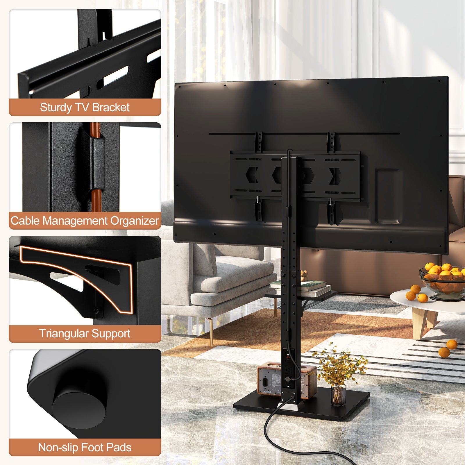 Tilt and Height Adjustable Floor TV Stand with Power Outlet and Adjustable AV Shelf - Tampa Home & Garden Store