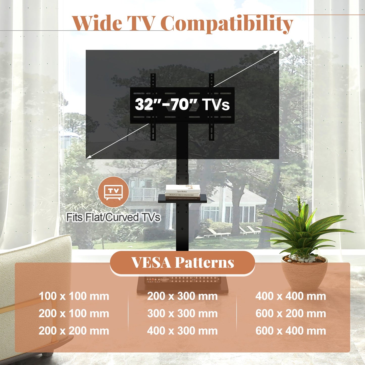 Tilt and Height Adjustable Floor TV Stand with Power Outlet and Adjustable AV Shelf - Tampa Home & Garden Store