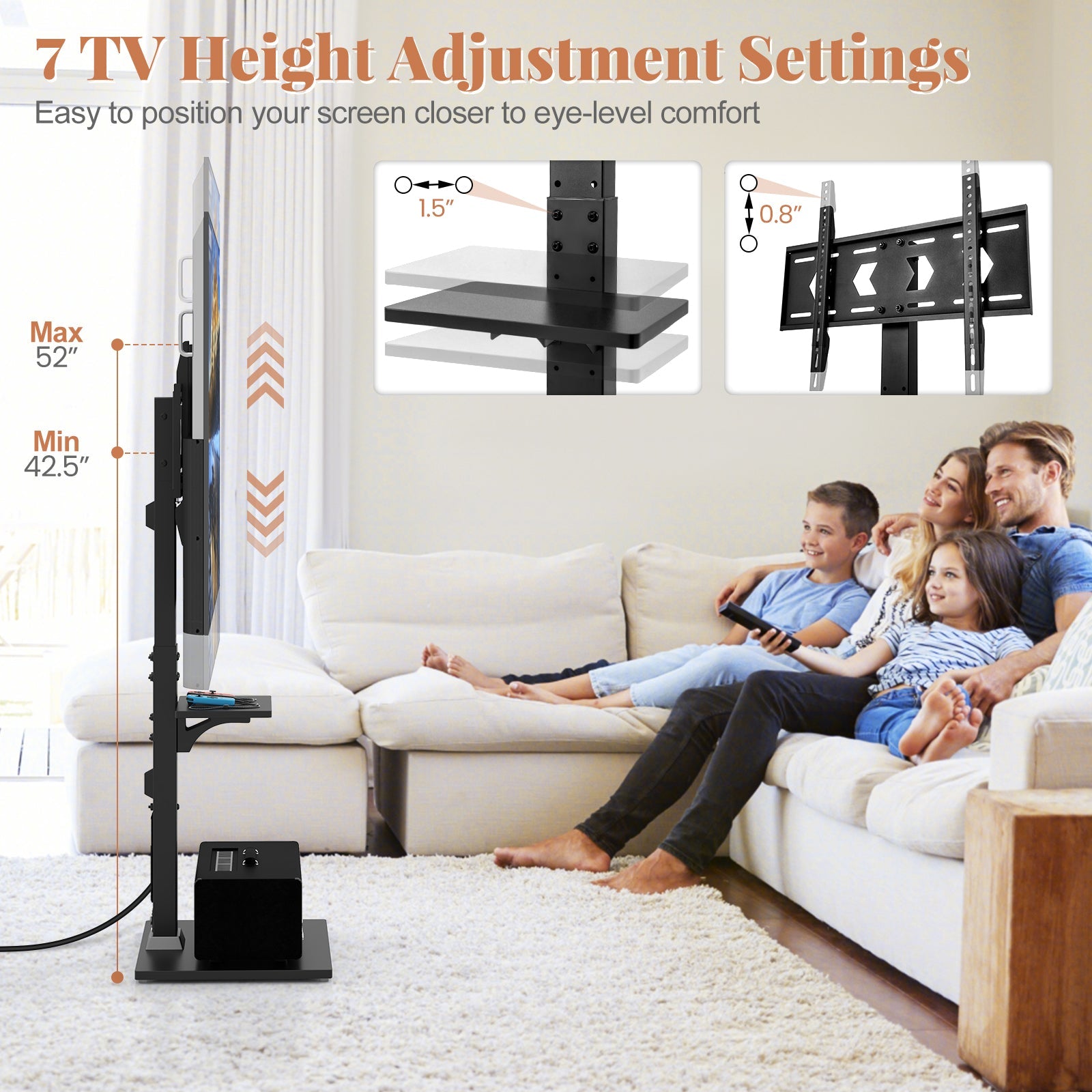 Tilt and Height Adjustable Floor TV Stand with Power Outlet and Adjustable AV Shelf - Tampa Home & Garden Store