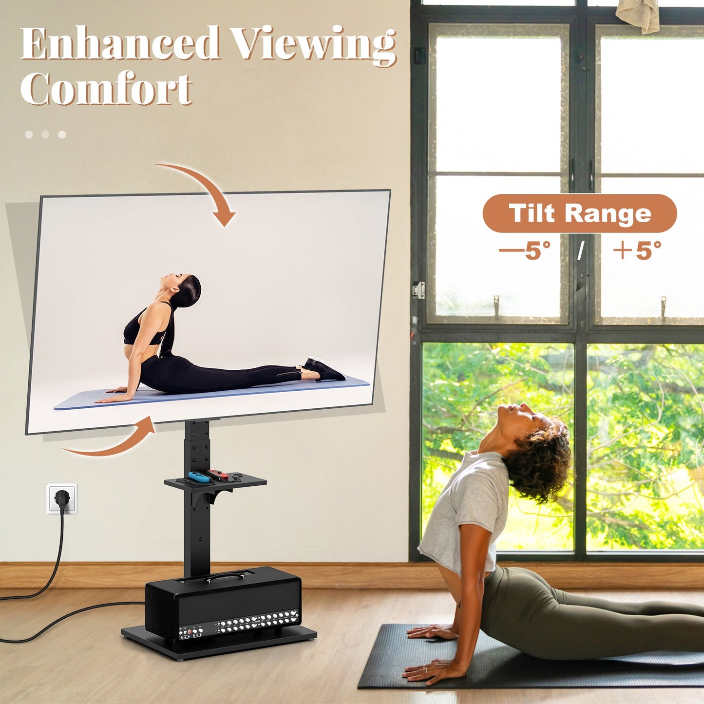 Tilt and Height Adjustable Floor TV Stand with Power Outlet and Adjustable AV Shelf - Tampa Home & Garden Store