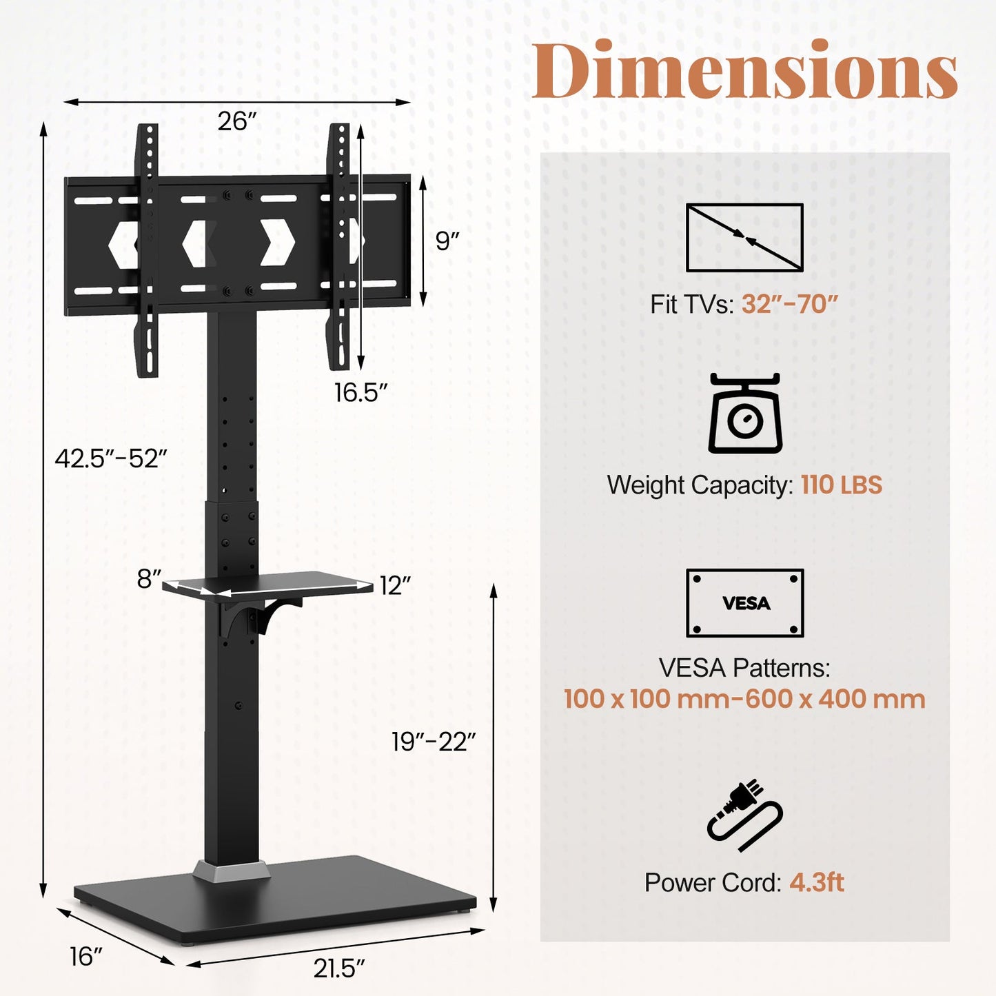 Tilt and Height Adjustable Floor TV Stand with Power Outlet and Adjustable AV Shelf - Tampa Home & Garden Store