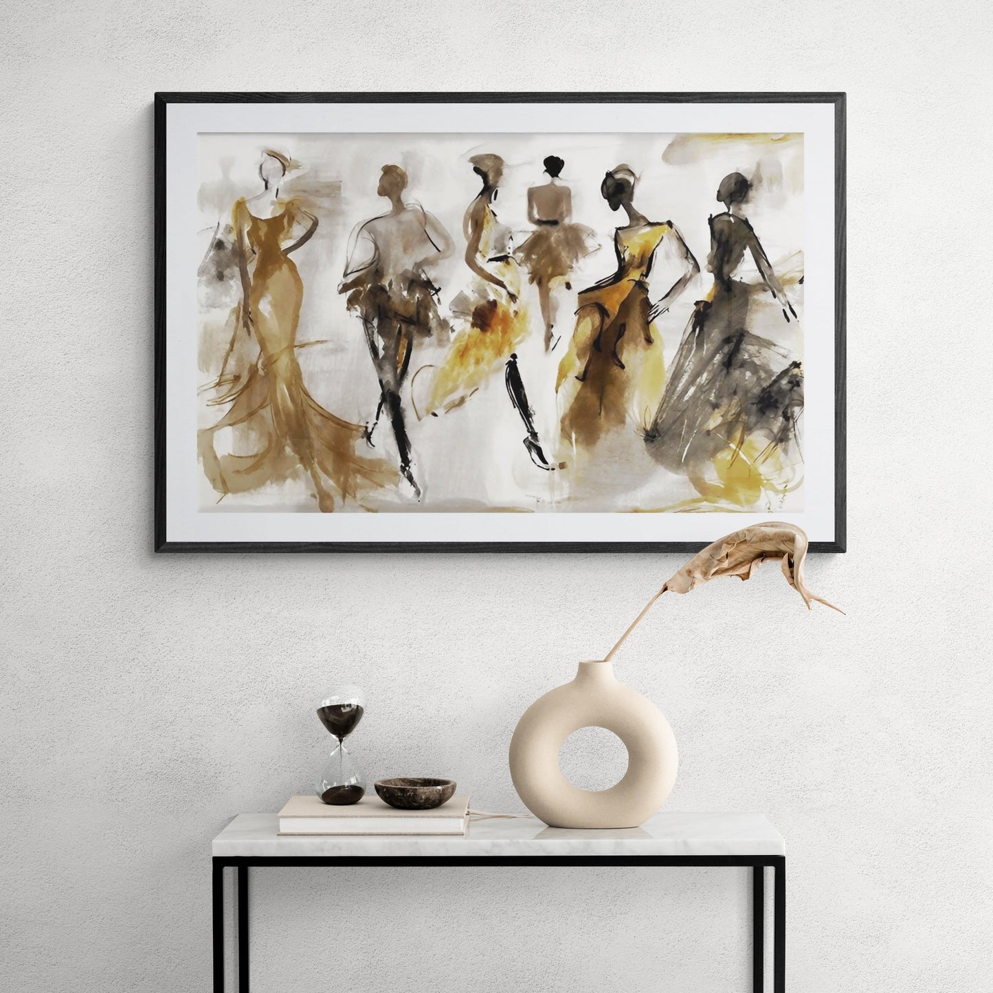 Canvas Print Time Whispers - abstract gold and brown silhouettes, black-framed canvas on Tampa Home & Garden Store