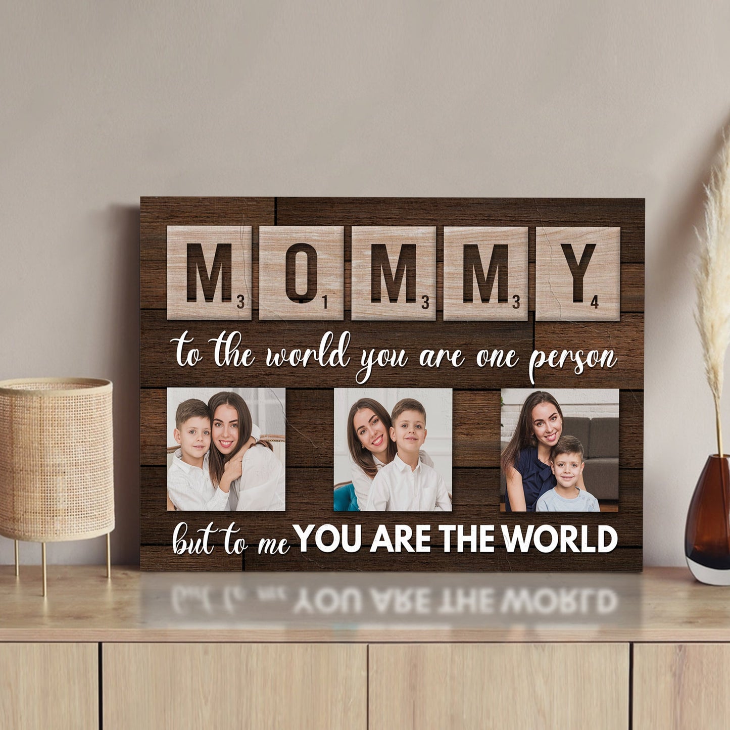 Mother's Day canvas sign with dark wood frame, MOMMY tiles and family photo collage on Tampa Home & Garden Store