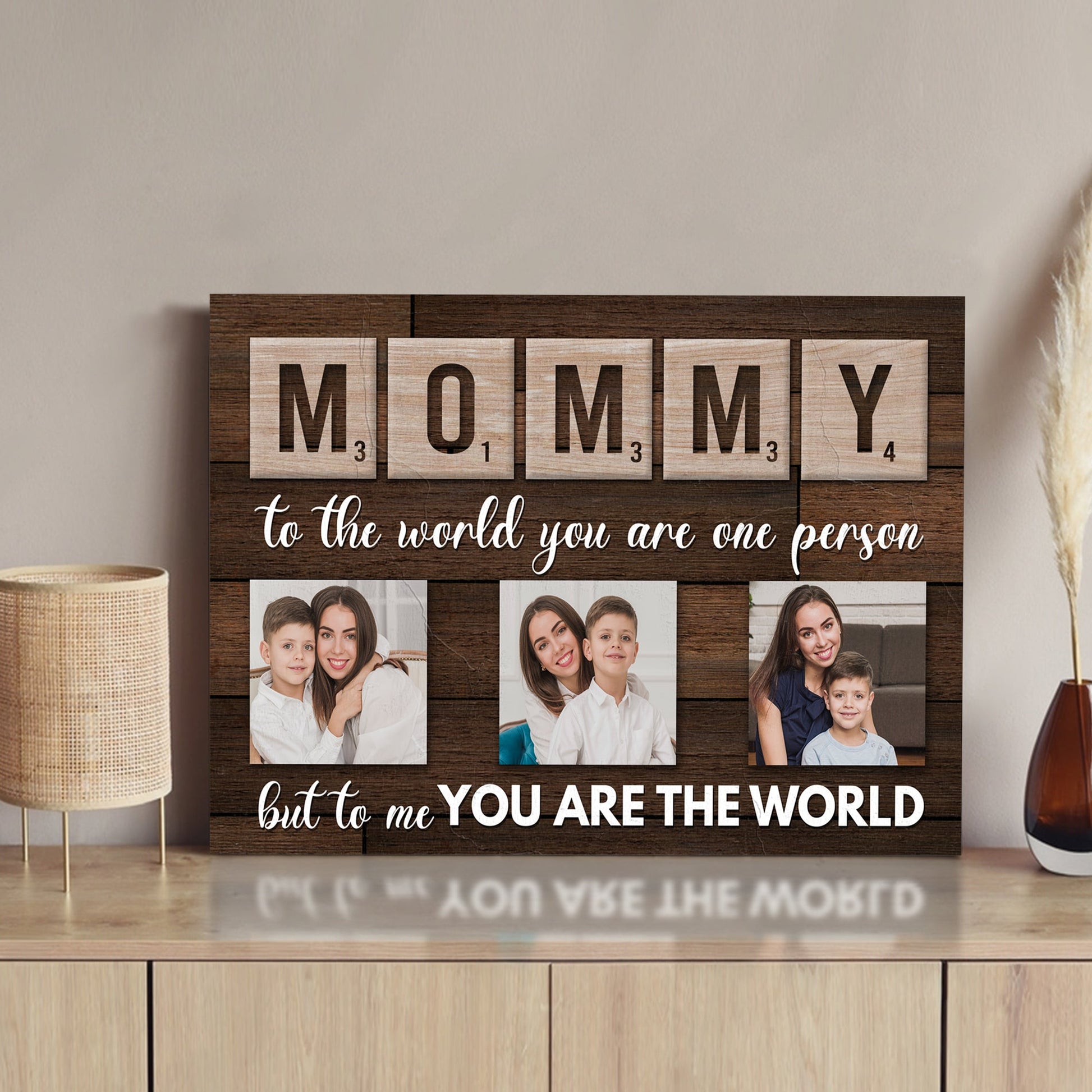 Mother's Day canvas sign with dark wood frame, MOMMY tiles and family photo collage on Tampa Home & Garden Store