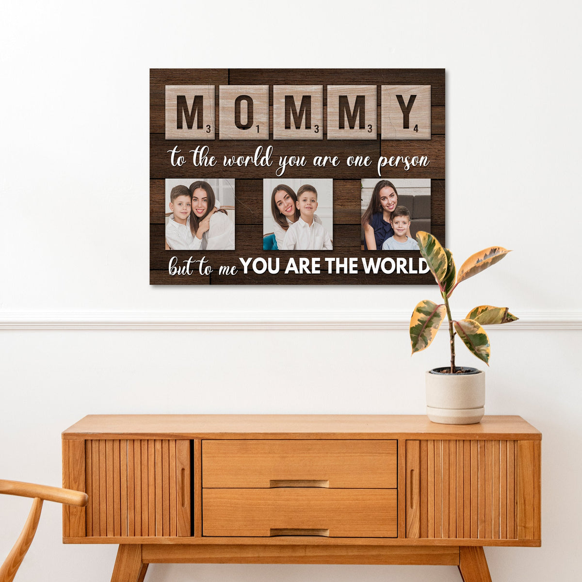 Mother's Day Sign Canvas with scrabble MOMMY tiles on rustic wood backdrop photo grid on Tampa Home & Garden Store