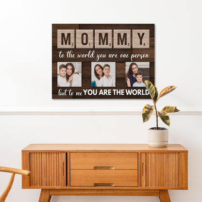 Mother's Day Sign Canvas with scrabble MOMMY tiles on rustic wood backdrop photo grid on Tampa Home & Garden Store