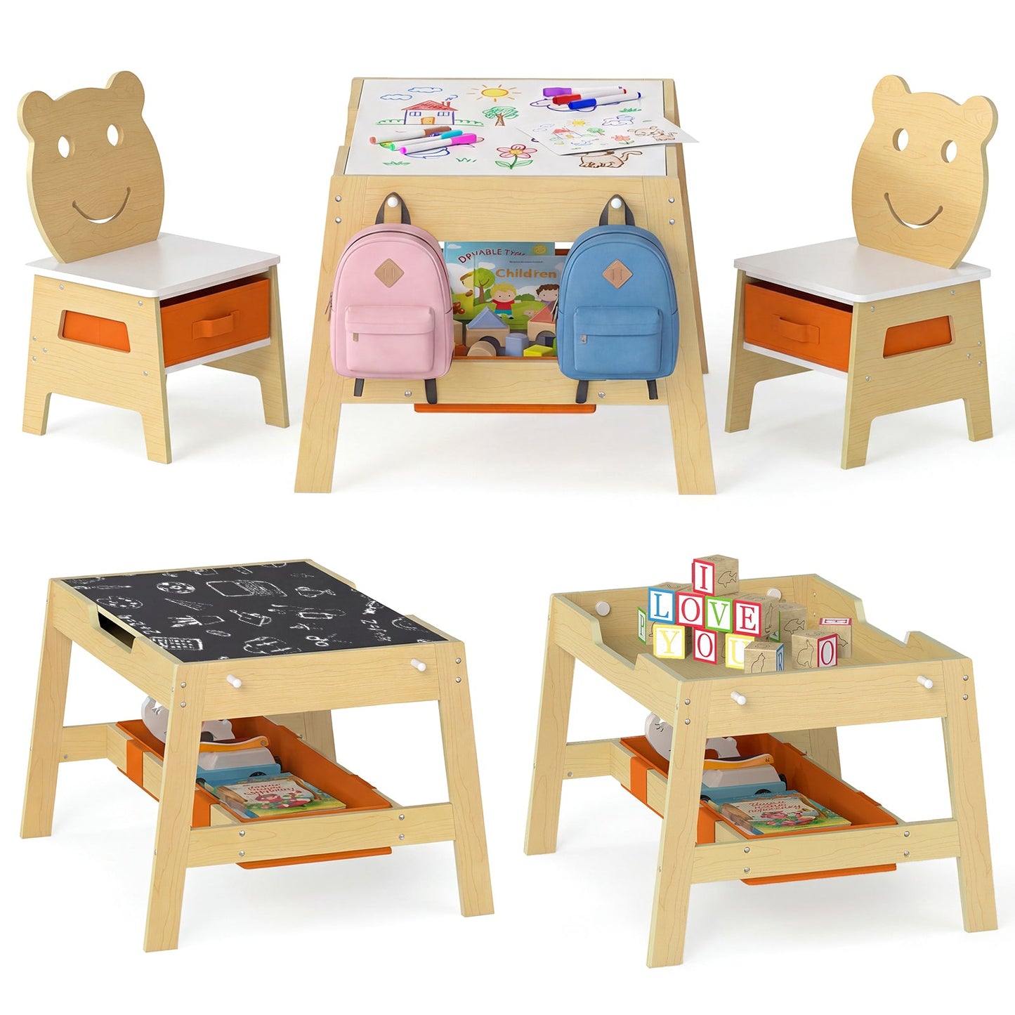 Toddler Table and 2 Chairs 5-in-1 Cute Art Desk Set with Reversible Chalkboard Whiteboard