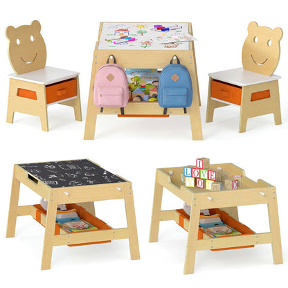 Toddler Table and 2 Chairs 5-in-1 Cute Art Desk Set with Reversible Chalkboard Whiteboard
