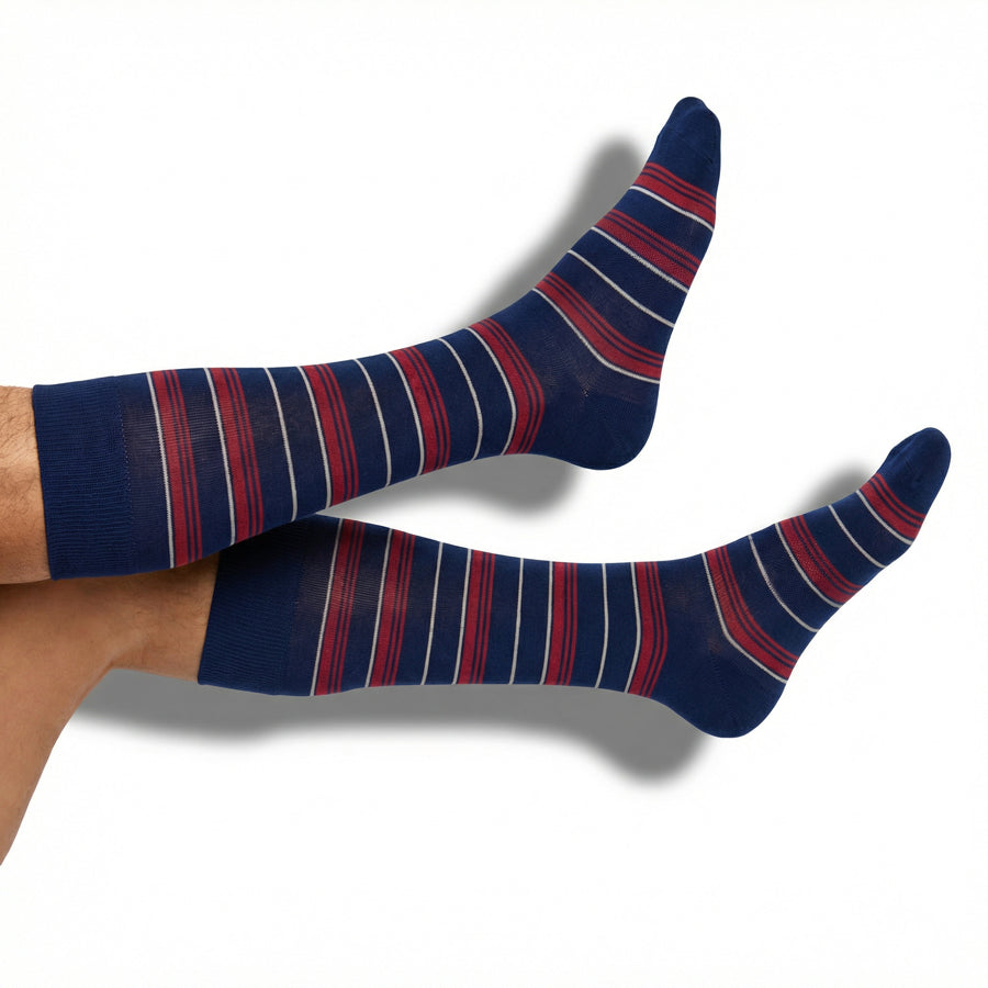 Boardroom dress socks, navy blue with red and white stripes, DeadSoxy Weekly Sply 7-Pack on Tampa Home & Garden Store