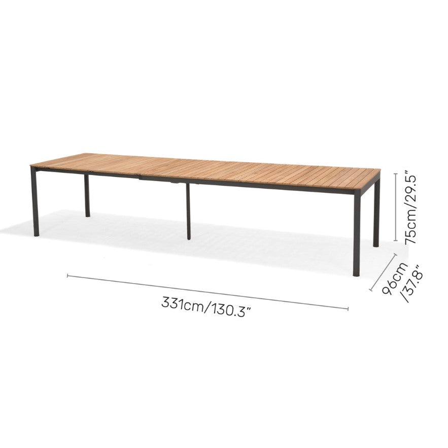 Topaz dark teak and aluminum extendable table, LifestyleGarden US, teak-top with black frame on Tampa Home & Garden Store