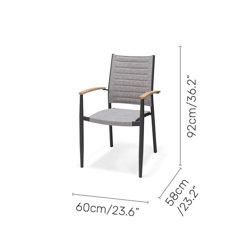 Topaz grey weave dining chair with teak armrests and black frame, 92cm tall, 60x58cm on Tampa Home & Garden Store