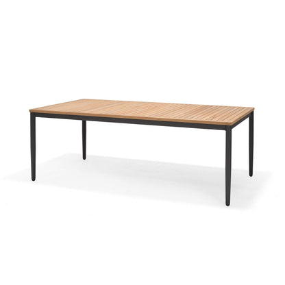 Topaz Rectangular Big Dining Table outdoor with natural wood slat top and black metal legs on Tampa Home & Garden Store