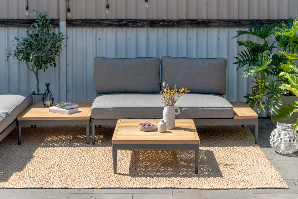 Topaz 4pc Seating Set with gray cushions by LifestyleGarden US on a wooden slat coffee table on Tampa Home & Garden Store