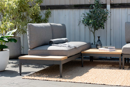 Topaz 4pc Outdoor Seating Set in gray fabric with metal frames; sofa, two chairs, coffee table on Tampa Home & Garden Store