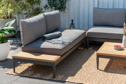 Topaz 2 Seater Sofa from LifestyleGarden US in gray outdoor fabric with rolled blanket on Tampa Home & Garden Store